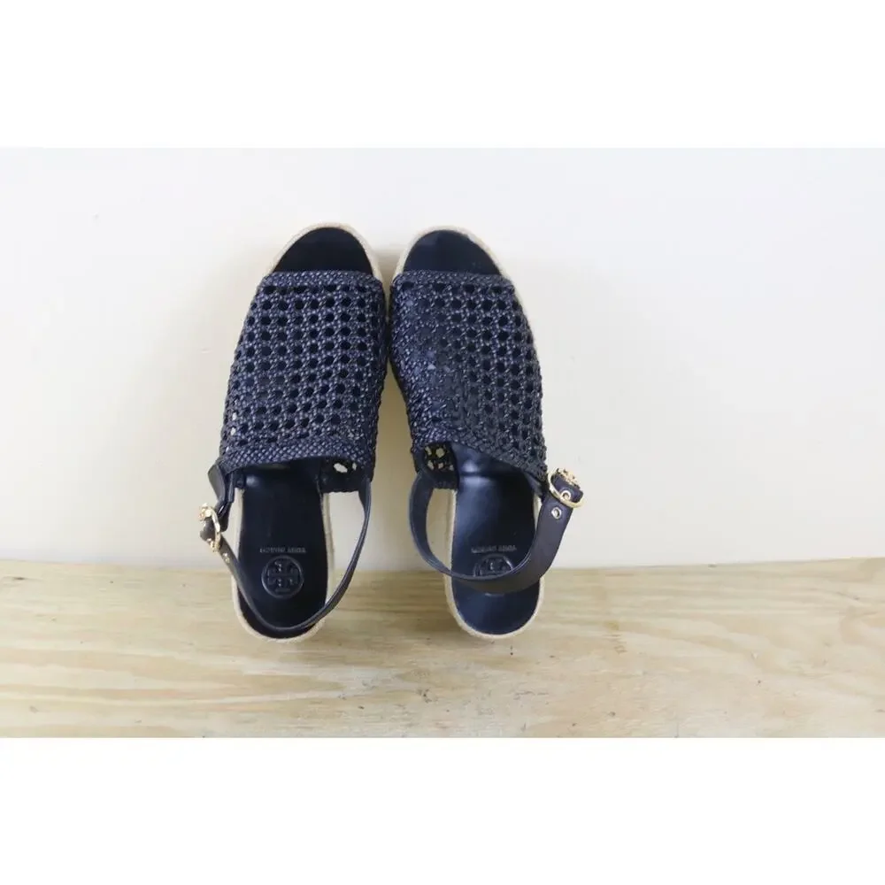 Tory Burch Shoes Womens 9.5M Black Leather Dandy Espadrille Platform Sandals